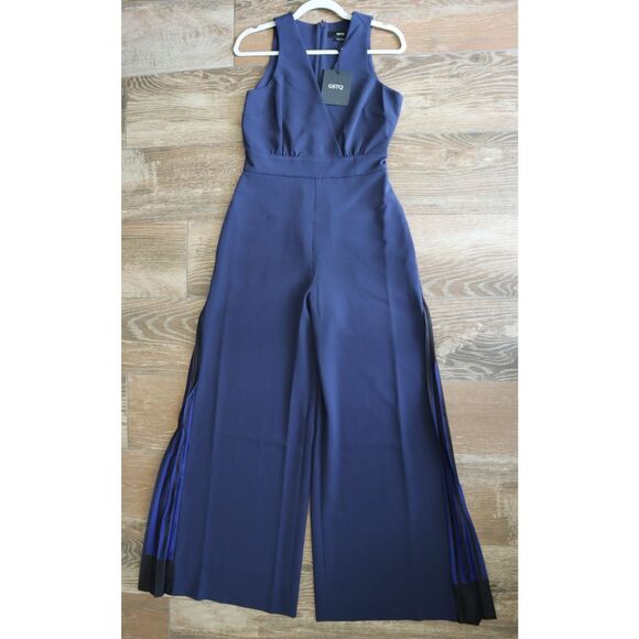 GSTQ 1F23D034 Women's Sz 4 Midnight Navy Blue Plunge Wrap Jumpsuit - Picture 1 of 13